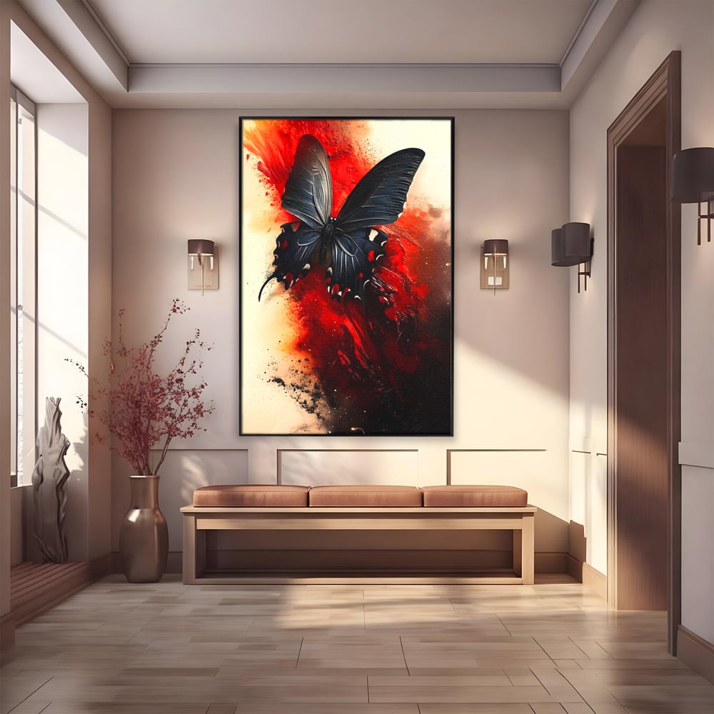 Tablou canvas cu tablou canvas cu fluture negru si fundal rosu, in rama de aluminiu negru
